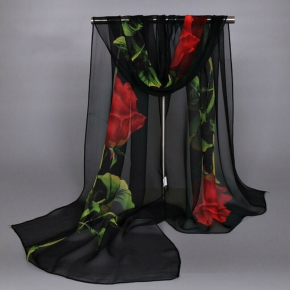 Black & Red Rose Chiffon Wrap Scarf Shawl - Picture 5 of 6